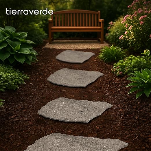 TierraVerde 4-Pack 18”x22” Natural Rock Rubber Stepping Stones, Grey – Non-Slip Outdoor Faux Decorative Set for Landscaping & Gardening – DIY Decor for Walkways & Yard Pathways