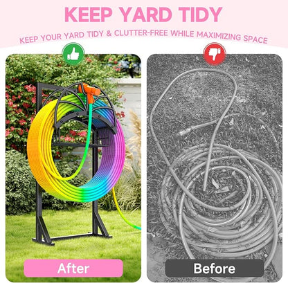 New Upgraded Garden Hose Holder with Storage Basket & Hose Storage Hanger Rack, Heavy-Duty Water Hose Holder Holds 160FT,Garden Hose Hanger Storage Rack for Outside Yard Lawn Farm