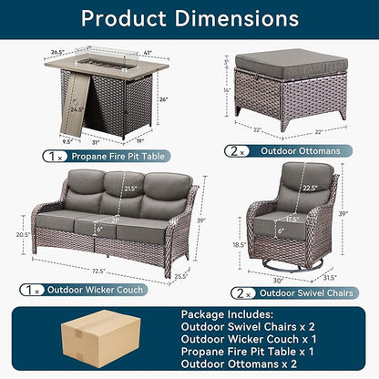 Luxury High Back Outdoor Furniture 6-Inch Thick Cushions with 50,000 BTU Gas Propane Fire Pit Tablet, Patio Furniture Set with Swivel Chairs, 6 PCS for Porch, Balcony, Deck and Yard
