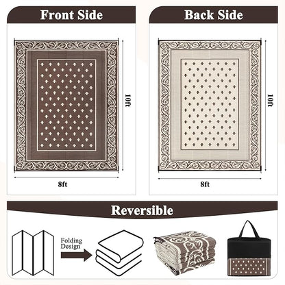 Pauwer Waterproof Outdoor Rug 8x10, Reversible Plastic Straw Patio Camping Rug, Indoor Outdoor RV Mat Carpet for Deck, Camper, Porch, Balcony, Backyard, Picnic, Bordered Brown