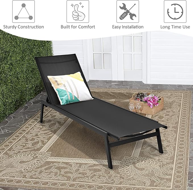 Tangkula 2 Pieces Outdoor Chaise Lounge Chair, 6-Position Adjustable Reclining Chair with Breathable Fabric and Heavy Duty Steel Frame, Patio Lounge Chair for Garden, Backyard and Poolside (2, Black)