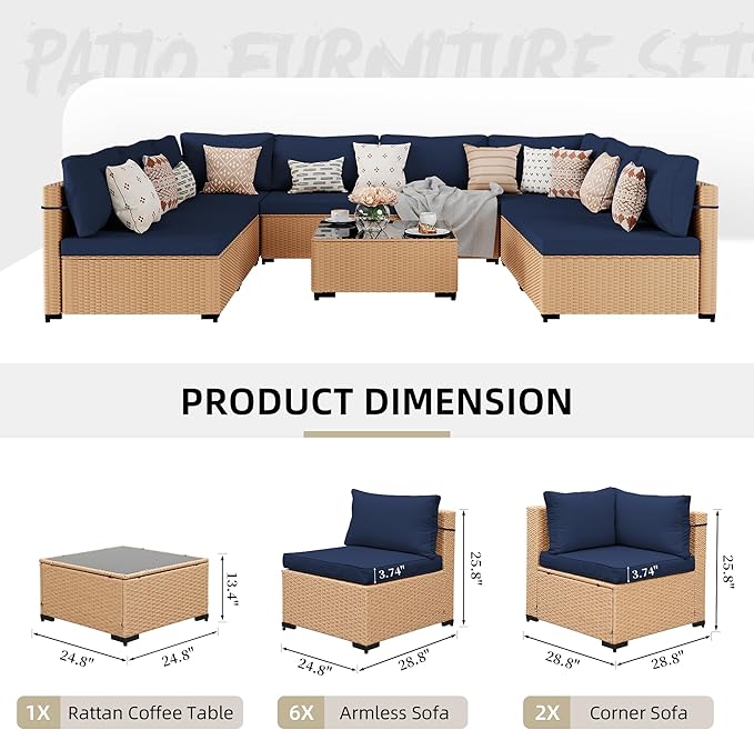 UPHA 9 Pieces Patio Furniture Sets Outdoor Sectional Sofa Wicker Conversation Couch for Decks, Backyards, Gardens, Yellow Rattan, Navyblue Cushion