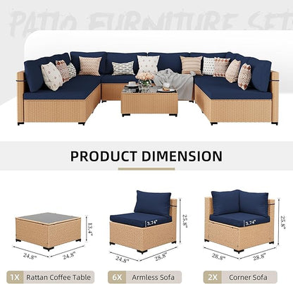 UPHA 9 Pieces Patio Furniture Sets Outdoor Sectional Sofa Wicker Conversation Couch for Decks, Backyards, Gardens, Yellow Rattan, Navyblue Cushion