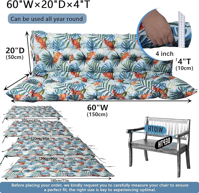 Outdoor Swing Cushions 3 Seater Waterproof, Replacement Bench Cushions for Outdoor Patio Furniture with Backrest, Porch Swing Cushion with Ties for Lawn and Garden (Summer, 40x60in)