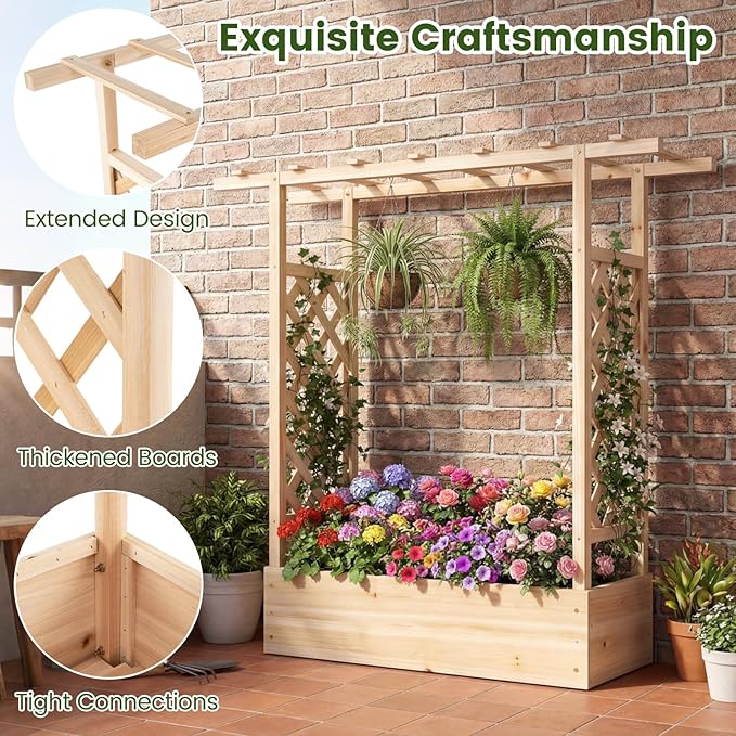 S AFSTAR Raised Garden Bed with Trellis, 2-in-1 Fir Wood Planter Box with Flat Roof & Drainage Holes, Vertical Planter Raised Bed for Climbing Plants, Flowers & Vegetables, 43" x 14" x 45" (Natural)