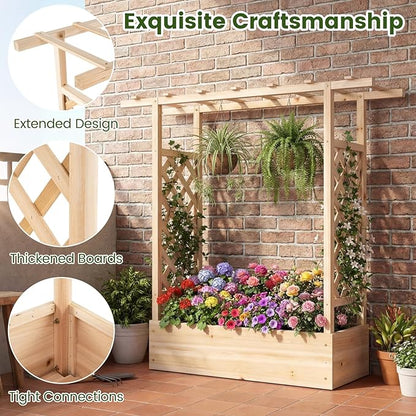 S AFSTAR Raised Garden Bed with Trellis, 2-in-1 Fir Wood Planter Box with Flat Roof & Drainage Holes, Vertical Planter Raised Bed for Climbing Plants, Flowers & Vegetables, 43" x 14" x 45" (Natural)