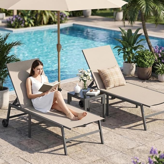UDPATIO Patio Lounge Chair Outdoor Poolside Chaise Lounges with Wheels