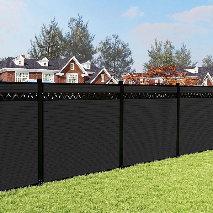 6 Feet×6 Feet Privacy Fence, Outdoor Wood Plastic Composite Fence Panel, Waterproof Security Barriers Fencing, WPC (Black, Arched (1 Panel - 2 Post))