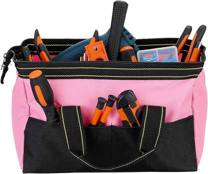 Sanwuta 3 Pack Tool Bag for Men with Waterproof Hard Bottom, Heavy Duty Tool Bag Wide Mouth Tote for Various Instrument, Electrician Carpenter Mechanic(Red, Pink, Light Purple,16 Inch,Classic)