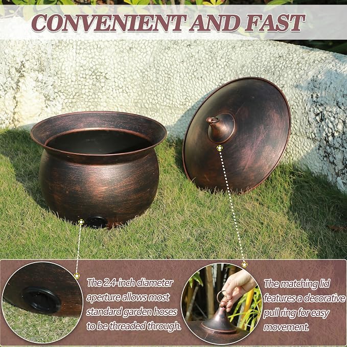 Metal Garden Hose Storage Pot, Vintage Copper Finish Hose Holder with Lid, Heavy-Duty Outdoor Water Hose Container for Patio/Yard/Lawn Decor
