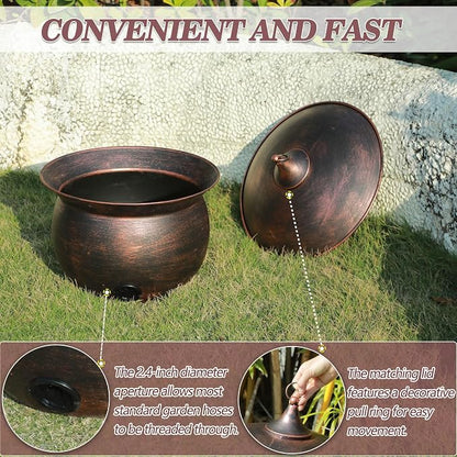 Metal Garden Hose Storage Pot, Vintage Copper Finish Hose Holder with Lid, Heavy-Duty Outdoor Water Hose Container for Patio/Yard/Lawn Decor