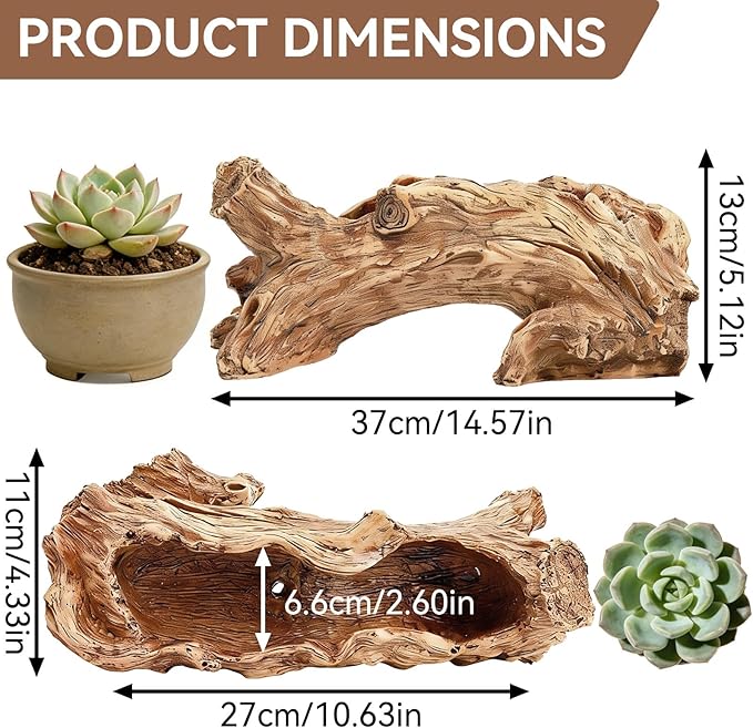 Artificial Driftwood Planter, Resin Tree Root Stump Succulent Pot with Drainage Hole, Vintage Log Shape Container for Cactus Herbs, Rustic Home Garden Decoration (14.6 Inch)