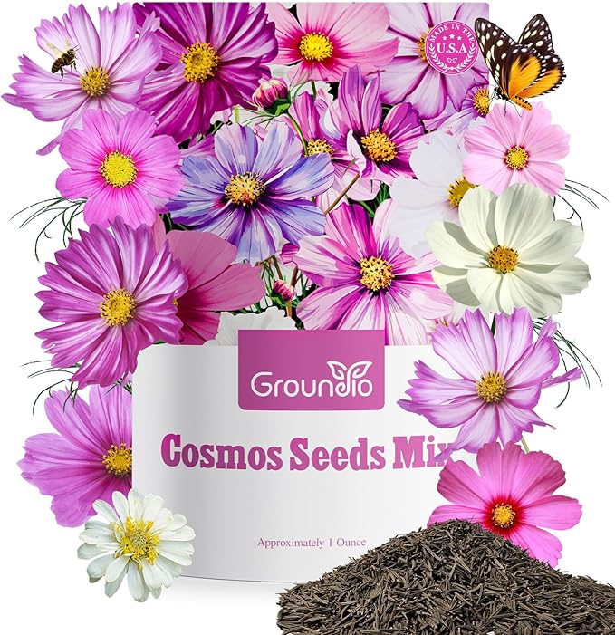 Groundio Cosmos Seeds Wildflower Mix 1 Oz, Over 3,000+, 4 Varieties Flowers Seeds for Planting (Radiance, Purity, Pinkie, Picotee), Open Pollinated Bulk