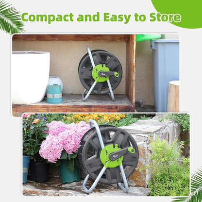 Water Hose Reel Cart, Holds 60-80 Ft of 5/8 Inch Hose, Green Wall Mounted Garden Hose Cart, Portable Hose Reel for Convenient Storage and Watering