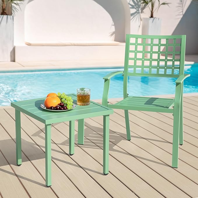 NUU GARDEN 3 Pieces Outdoor Bistro Set, All-Weather Patio Furniture with 2 Metal Stackable Chairs and Square Table, Waterproof Set for Balcony, Porch, Garden, Deck, Green