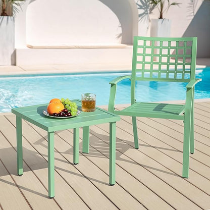 NUU GARDEN 3 Pieces Outdoor Bistro Set, All-Weather Patio Furniture with 2 Metal Stackable Chairs and Square Table, Waterproof Set for Balcony, Porch, Garden, Deck, Green