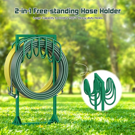 HeroicLion Garden Hose Holder Holds 2 x 151FT Hoses, Heavy-Duty Metal Freestanding Hose Stand with Stable Base, Rustproof Water Hose Holders for Outside Yard Lawn Farm, Green