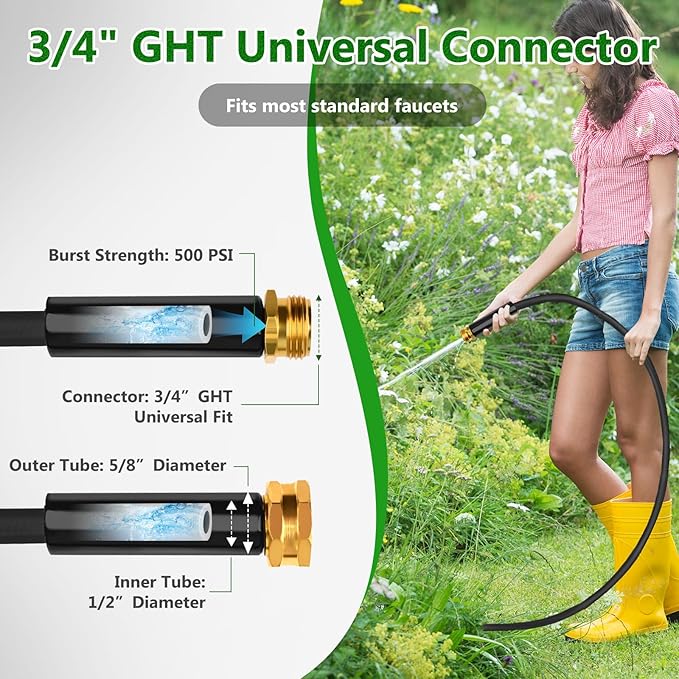 Garden Hose100FT, Lightweight & Flexible Water Hose,Non-Expanding,3/4" GHT Leak-Proof Metal Fittings, Non-Expanding, Kink-Free, Portable, Wear-Resistant for Yard, Lawn, Garden Use