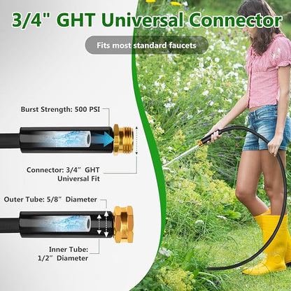Garden Hose100FT, Lightweight & Flexible Water Hose,Non-Expanding,3/4" GHT Leak-Proof Metal Fittings, Non-Expanding, Kink-Free, Portable, Wear-Resistant for Yard, Lawn, Garden Use