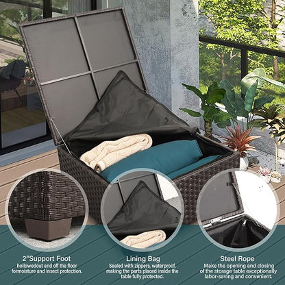 Outdoor Furniture Set 3 Pieces Outdoor Sectional Sofa Set Wicker Patio Furniture Outdoor Couch Outdoor Ottoman Coffee Table with Storage All-Weather Anti-Slip Cushions Waterproof Covers, Peacock Blue
