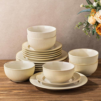 TheTerra Ceramic Dinnerware Set for 6, 18-Piece Plates and Bowls Set | Lightweight Porcelain Dish Set, Scratch Resistant, Oven & Microwave & Dishwasher Safe, Cream Latte