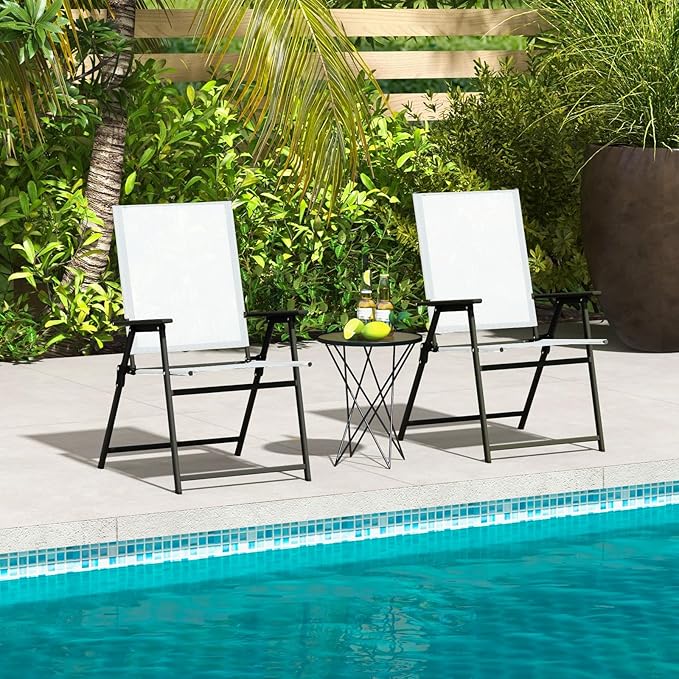 Giantex Patio Folding Chairs Set of 2, Portable Outdoor Dining Chairs with Rustproof Metal Frame, for Lawn, Front Porch, Deck, Garden, Backyard, Camping, White