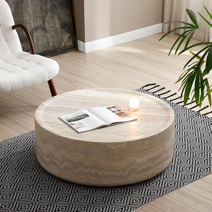 kevinplus ø39.3'' Round Coffee Table for Living Room, Modern Drum Circle Coffee Table Side Table End Table, Fiberglass Material, No Assembly (Mars Texture, ø39.3'' x 11.8'')