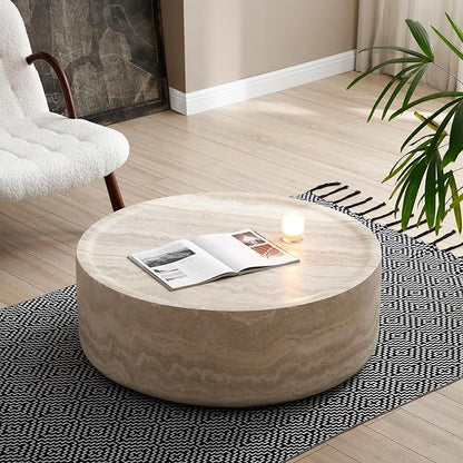 kevinplus ø39.3'' Round Coffee Table for Living Room, Modern Drum Circle Coffee Table Side Table End Table, Fiberglass Material, No Assembly (Mars Texture, ø39.3'' x 11.8'')