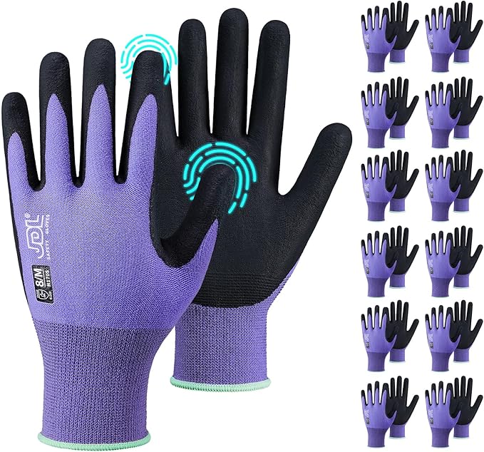 JDL Safety Work Gloves MicroFoam Nitrile Coated 12 Pairs, Seamless Knit Nylon Gloves with Touchscreen Fingers, Non-slip Working Glove for Women Men, Ideal for Gardening General Purpose, Purple X-Large