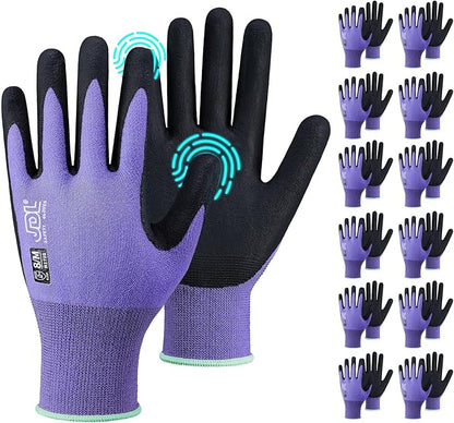 JDL Safety Work Gloves MicroFoam Nitrile Coated 12 Pairs, Seamless Knit Nylon Gloves with Touchscreen Fingers, Non-slip Working Glove for Women Men, Ideal for Gardening General Purpose, Purple X-Large