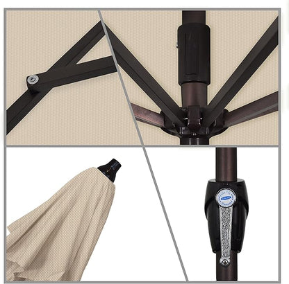 California Umbrella 7.5' Round Aluminum Outdoor Deck, Pool or Patio Umbrella, Crank Lift, Auto Tilt, Bronze Pole, Antique Beige