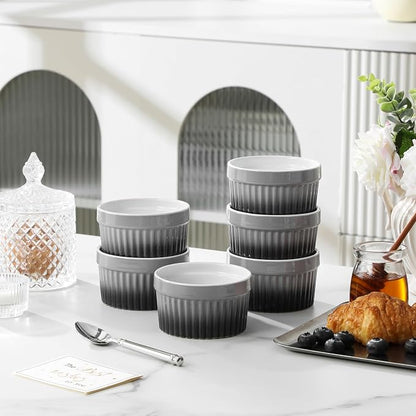 MALACASA Ramekins 6 oz Oven Safe, Small Ceramic Souffle Dishes for Creme Brulee Souffle, Stoneware Custard Cups Ramiken for Baking, Dessert Bowls Dipping Sauce Dish Set of 6, Grey, Series RAMEKIN-DISH