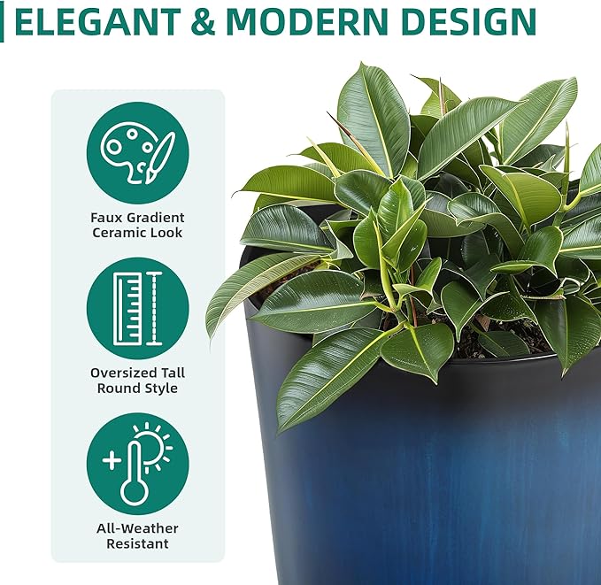 23.75" Round Tall Planters, 2-Pack Large Flower Pots for Indoor Outdoor Plants, UV-Protect PP Container for Garden Patio Yard Balcony Porch or Home Decor, Artistic Floating Cobalt Blue Glaze