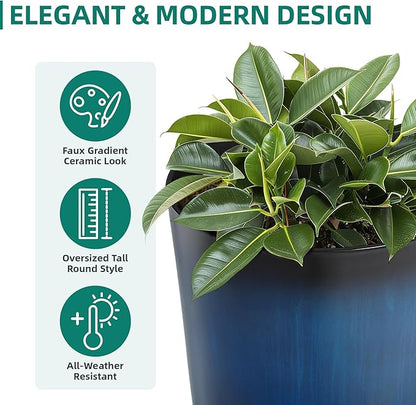 23.75" Round Tall Planters, 2-Pack Large Flower Pots for Indoor Outdoor Plants, UV-Protect PP Container for Garden Patio Yard Balcony Porch or Home Decor, Artistic Floating Cobalt Blue Glaze