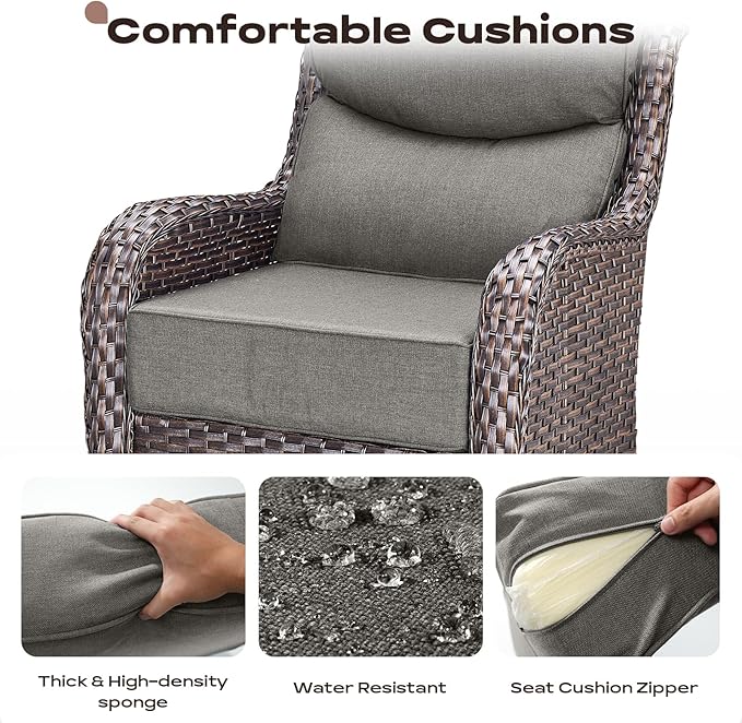 Rilyson 4 Piece Outdoor Patio Swivel Rocker Chairs, Waterproof Wicker, High Back, Deep Seating, Wide Armrest, Upgraded 6 inch Thick Cushions, Ideal for Deck Porch Backyard, Brown/Grey