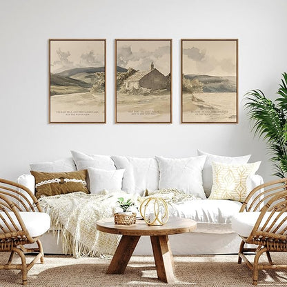 FWIEXA Nature Christian Bible Verse Framed Canvas Wall Art Set, Floods Mountain Houses Jesus Wall Decor, Vintage Easter Artwork, Inspirational Quotes Art Prints for Prayer, Bedroom - Size 24"x36"x3