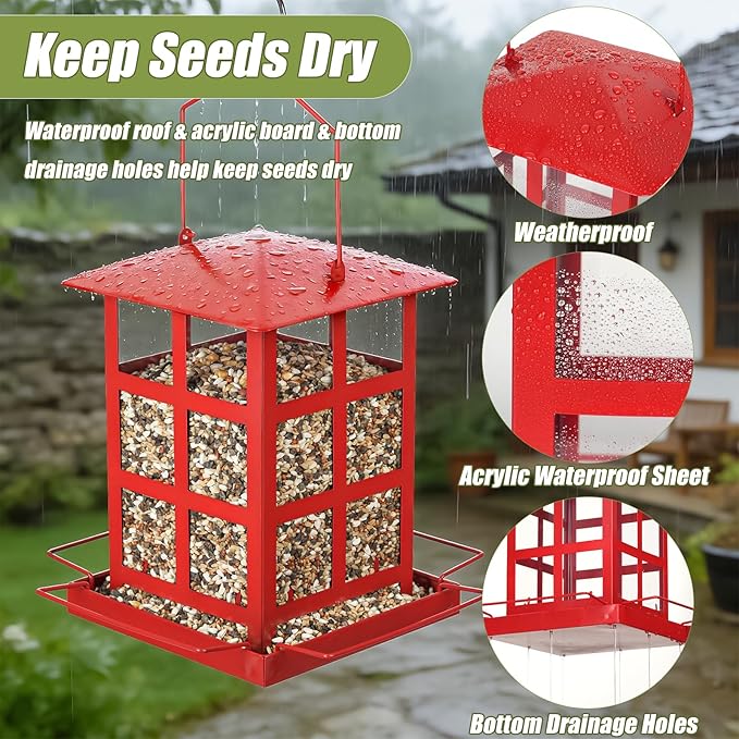 Bird Feeder, Heavy Duty Metal Bird Feeders for Outdoor Hanging, Retro Red House Wild Birdfeeder, Rainproof & Waterproof, 6 LBs Extra Large Capacity