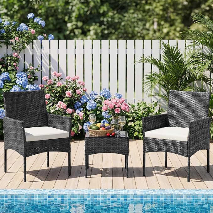 NEWBULIG 3-Piece Patio Furniture Set, Outdoor Wicker Rattan Chairs with Removable Cushion & Tempered Glass Table, Conversation Set Furniture for Porch, Balcony, Deck - Black