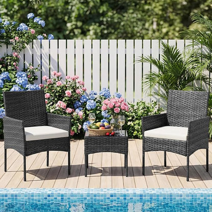 NEWBULIG 3-Piece Patio Furniture Set, Outdoor Wicker Rattan Chairs with Removable Cushion & Tempered Glass Table, Conversation Set Furniture for Porch, Balcony, Deck - Black
