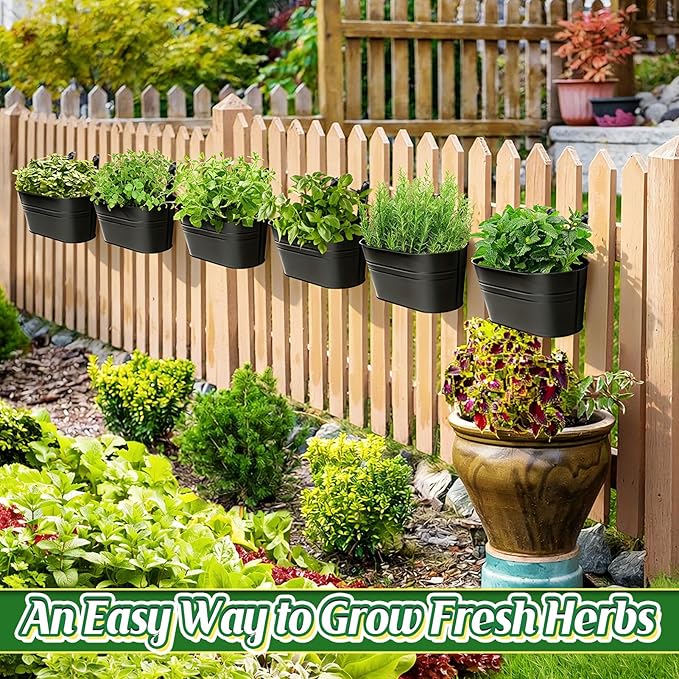 MADHOLLY Railing Planter with Drainage Holes - 6Pcs Sturdy Bucket Pots for Railing Fence, Countryside Style Metal Flower Pots for Herbs Balcony Garden Yard Decor, Black