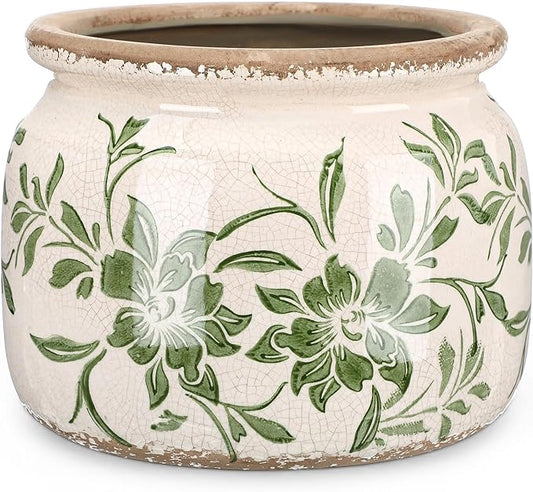 7.7" Large Vintage Ceramic Plant Pot Beige Green Farmhouse Peony Crackle Glaze Rustic Flowers Planter Pot with Drainage for Indoor Outdoor Plants Kitchen Office Shelf Home Decor Gift