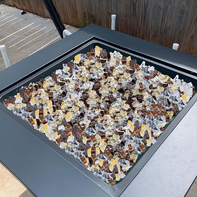 VEVOR Fire Glass, 10 LBS / 4.5 KG High-Temperature Resistant Fireplace Rocks, 1/2-Inch / 12.7 mm Reflective Firepit Glass Rock, High Luster Stone Landscaping for Fire Pit Table, Copper + Clear + Gold