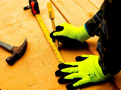 G & F 1516 12 Pairs Pack Premium High Visibility Work and gardening Gloves for Men and Women. MicroFoam Textured Coated Palm and Fingers Gloves for Gardening Work, Size Small, Green