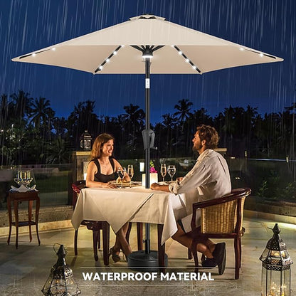 10ft Solar Patio Umbrella - Outdoor Umbrella with Centre Surround Light 24 LED Beads, Market Table Umbrella with Tilt & Crank for Pool, Porch, Garden, Deck, Backyard UV Protection(Beige)