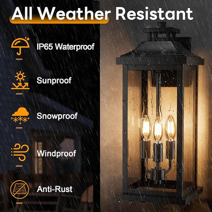 20" Large Outdoor Light Fixtures 3-Light 2 Pack, Black Outside Modern Porch Lights for House, Exterior Wall Sconce Lanterns Wall Mounted Waterproof Outdoor Coach Lamps for Garage E12