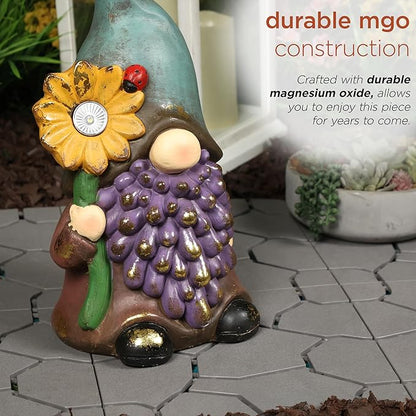 Alpine Corporation MCC852SLR Solar Gnome Holding Flower with Turquoise Hat Statue, Stylish Décor for Garden, Patio, & Lawn, 18" H, Multicolor