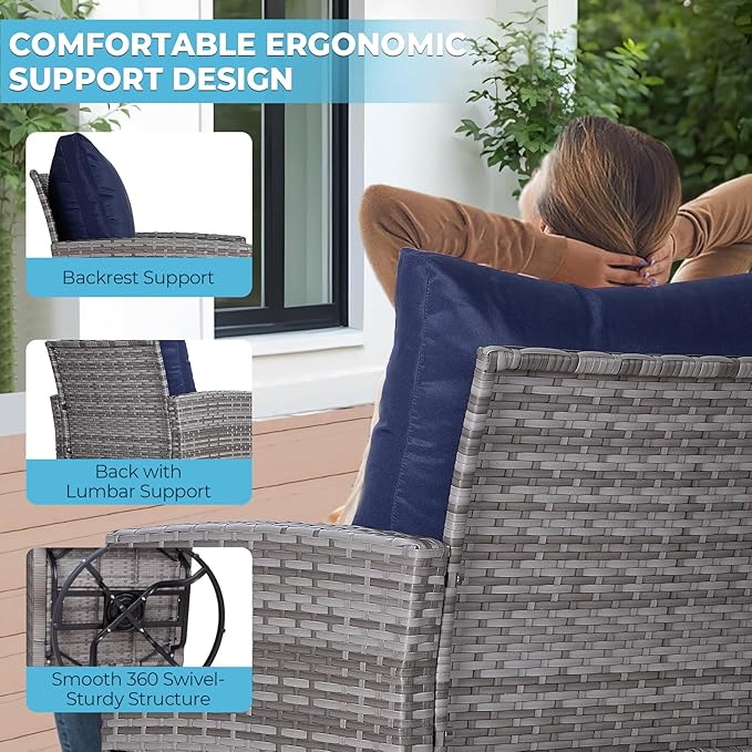 FHFO 10 Pieces Outdoor Patio Furniture Set with Swivel Chairs, Wicker Sectional Sofa Set Rattan Modular Patio Conversation with Cushions Couch & Coffee Table for Garden, Balcony, Porch, Grey-Blue