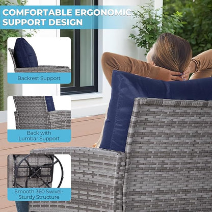 FHFO 10 Pieces Outdoor Patio Furniture Set with Swivel Chairs, Wicker Sectional Sofa Set Rattan Modular Patio Conversation with Cushions Couch & Coffee Table for Garden, Balcony, Porch, Grey-Blue