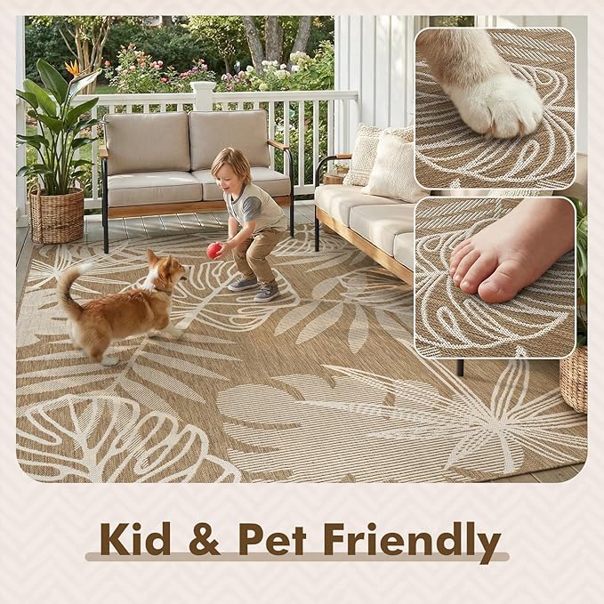 MontVoo-Outdoor Rug-Patio Rug 8x10 ft Polypropylene Indoor Outdoor Rugs Outdoor Carpet for Patio Deck Balcony Porch, Textured Weave, Durable for High Traffic, Fade-Resistant, Tropical Neutral Brown