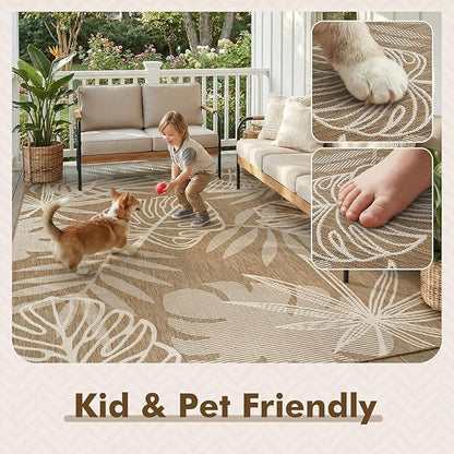 MontVoo-Outdoor Rug-Patio Rug 8x10 ft Polypropylene Indoor Outdoor Rugs Outdoor Carpet for Patio Deck Balcony Porch, Textured Weave, Durable for High Traffic, Fade-Resistant, Tropical Neutral Brown